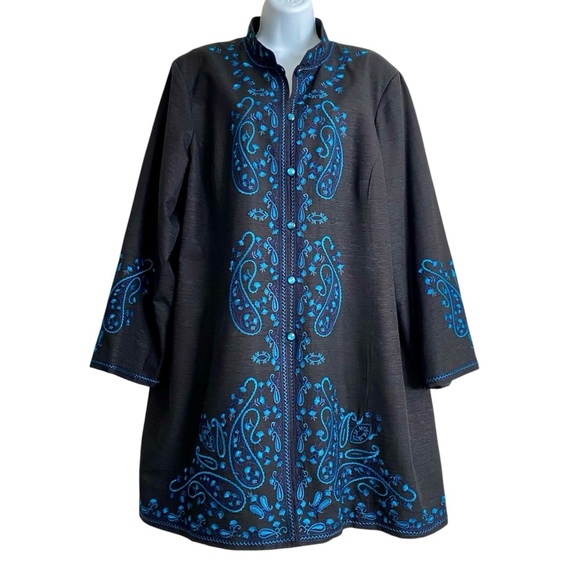 Silk Land Woman Black Silk Longline Blazer Jacket Size 1X Embroidered Tunic - Picture 1 of 15